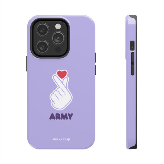 ARMY, Finger Heart, Purple, Simple, Tough Phone Cases for iPhone 13 to 15 series.